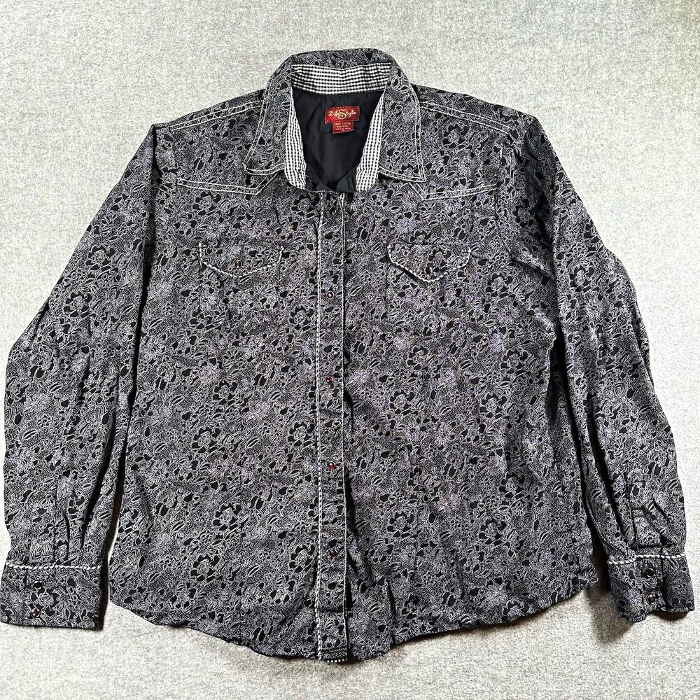 LifeStyle Women’s 1X Black/Gray Floral Cotton Woven Button-Up Shirt Pockets LS